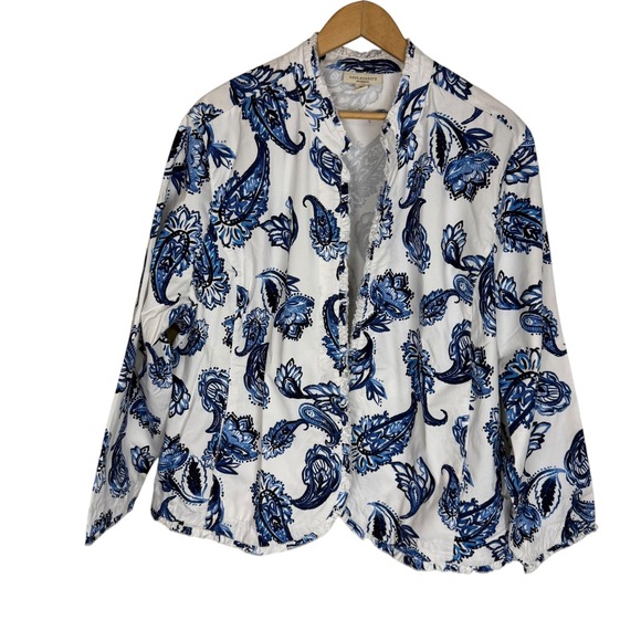 Appleseed's Jackets & Blazers - Appleseeds Blue White Paisley Ruffle Trim Open Front Jacket Womens Plus 3X